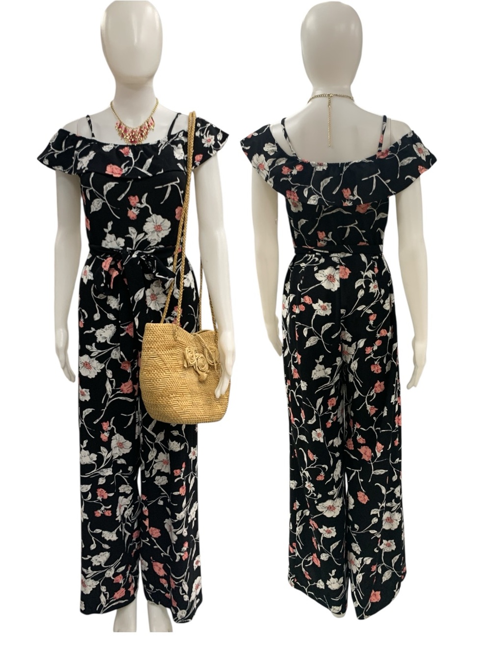 Off-Shoulder Black Floral Jumpsuit with Pink & White Blooms